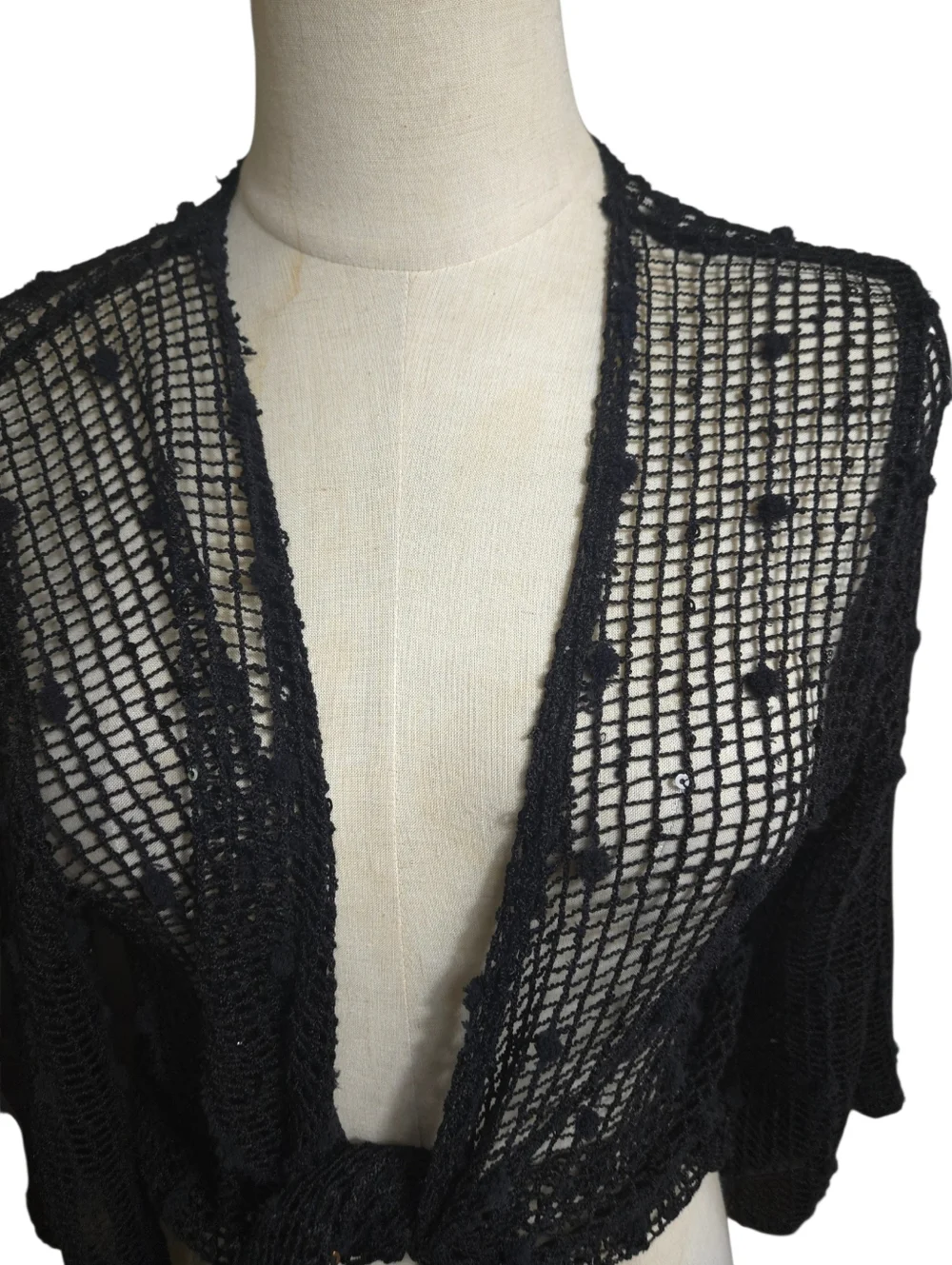 Black Crochet Open Knit Sequin Tie-Front Sweater Shrug